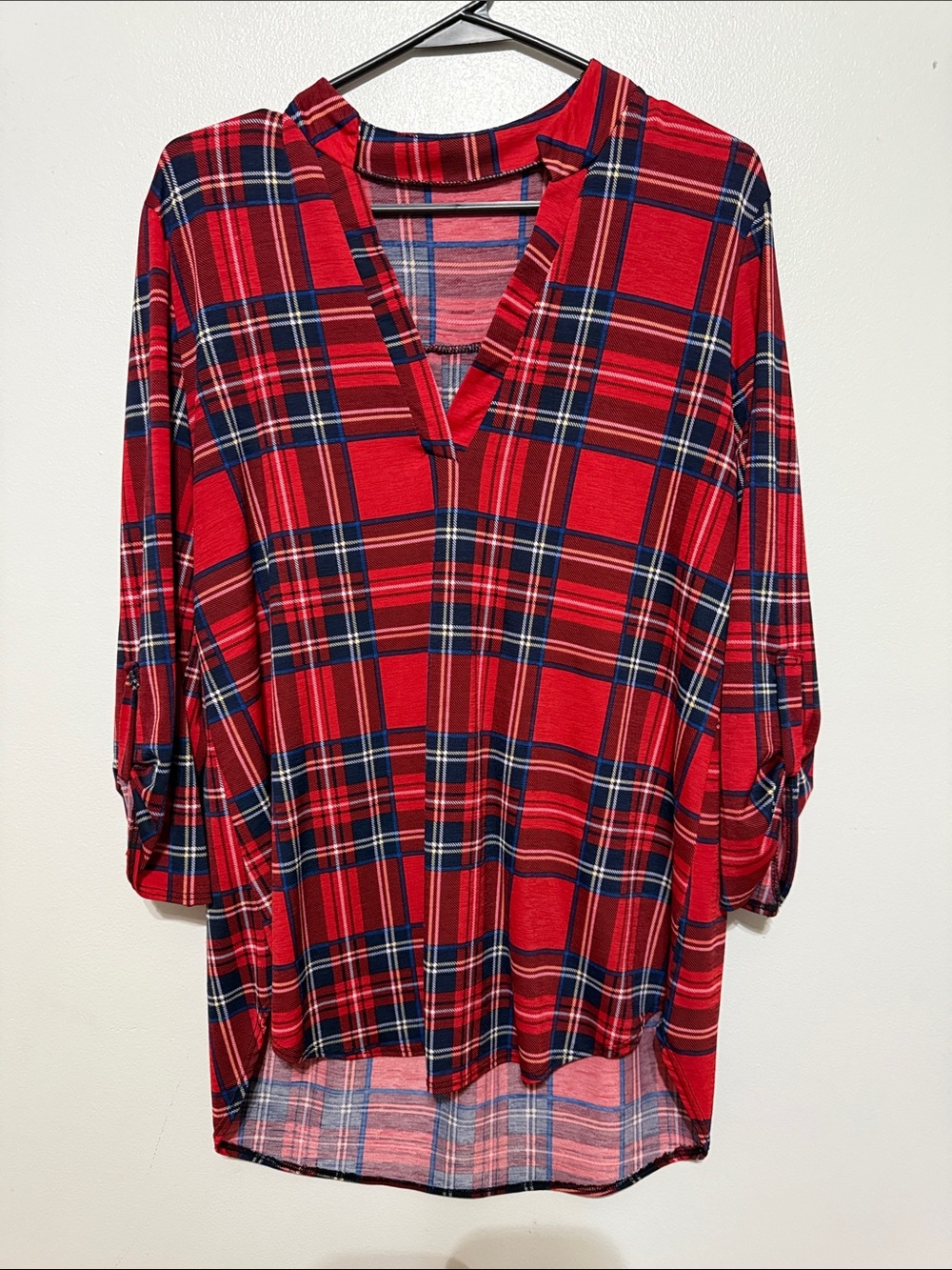 Red Plaid V-Neck Women's Tunic Top